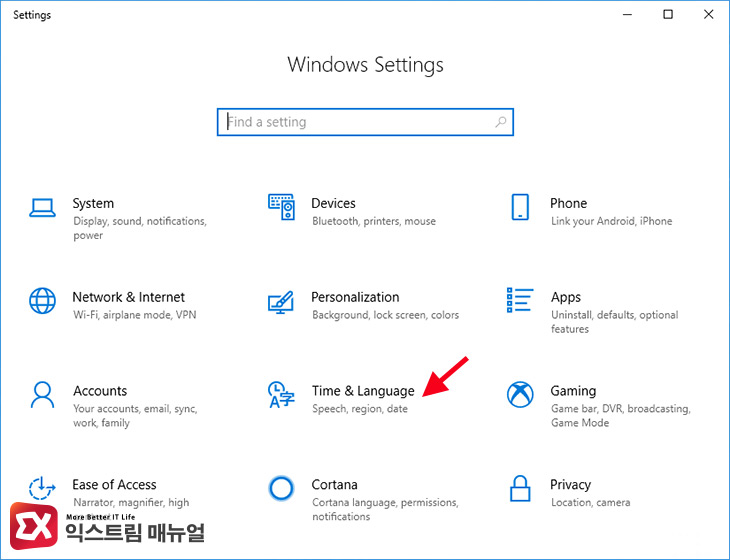 Windows Settings에서 Time & Language 선택